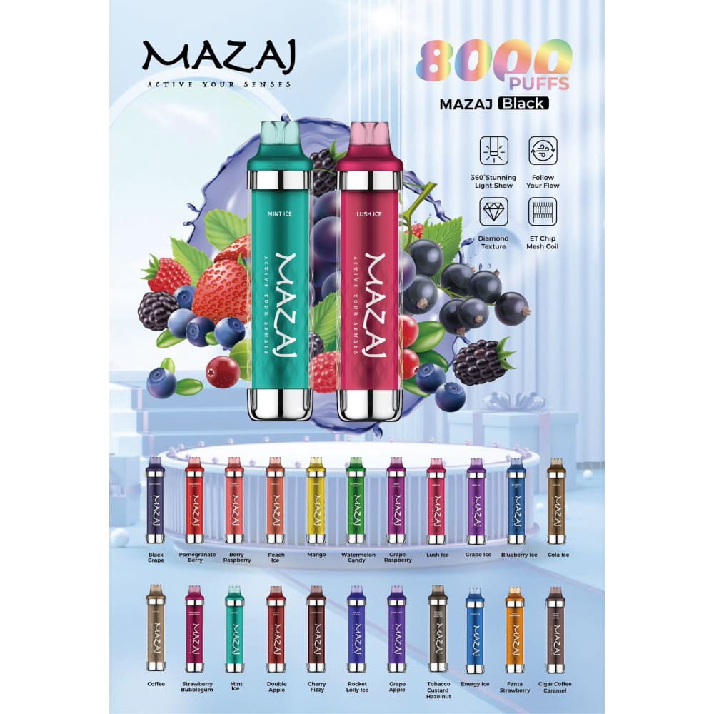 MAZAJ سحبة سيجارة مزاج بلاك 8000 شفطة 20 نيكوتين عدة نكهات استخدام مره واحده