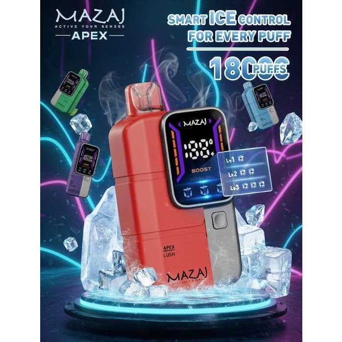 MAZAJ APEX سحبة سيجارة مزاج ابيكس 18000 شفطة 50 نيكوتين عدة نكهات استخدام مره واحده