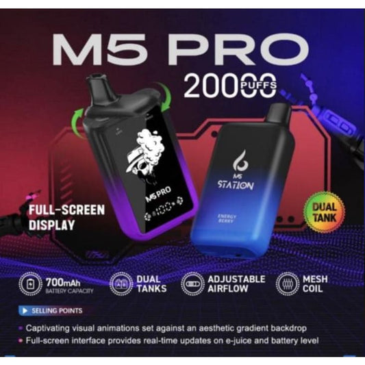 سحبة سيجارة ستيشن برو 20000 شفطة 50 نيكوتين عدة نكهات استخدام مره واحده M5 PRO 20000