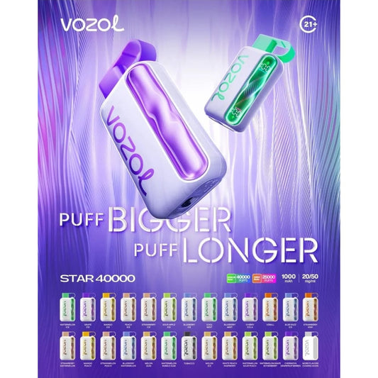 VOZOL STAR سحبة سيجارة فوزول ستار 40000 شفطة عدة نكهات 50 نيكوتين استخدام مره واحده